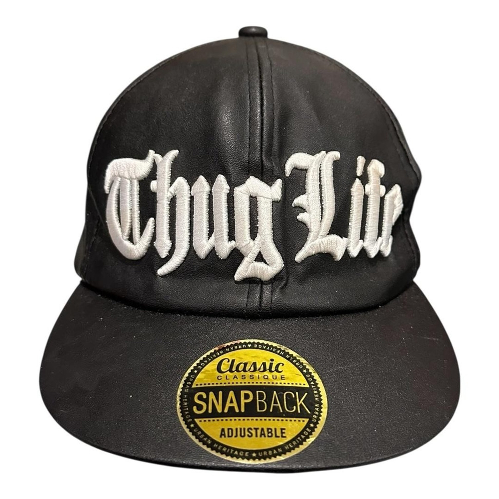 UH Thug Life Hat Cap Snap Back One Size Black Faux Leather Mens Hip Hop Quote